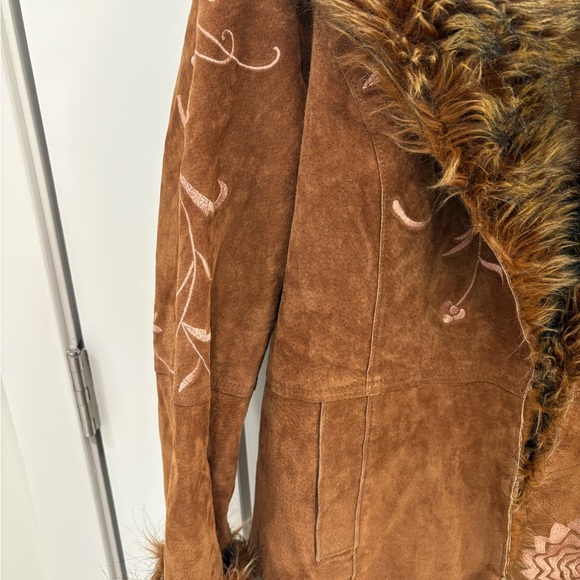 Vintage Y2K Leather Faux Fur Embroidered Together Penny Lane Coat Tag Size 14 - Picture 5 of 16